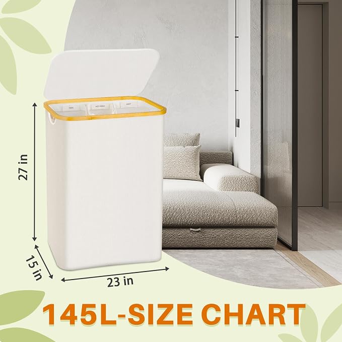 145L Laundry Hamper with Lid, 3 Section Laundry Basket with 3 Removable Bag - Image 6