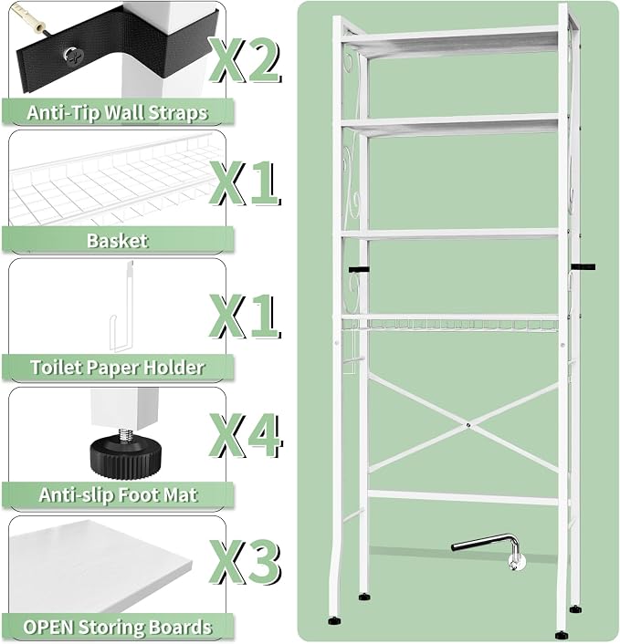 Over-The-Toilet Storage Rack 4-Tier,Bathroom Organizer Shelf Over Toilet,Adjustable Wooden Shelves and Basket,Freestanding Above Toilet Shelve,Space Saver for Rooms(White Rack-White Shelves) - Image 5