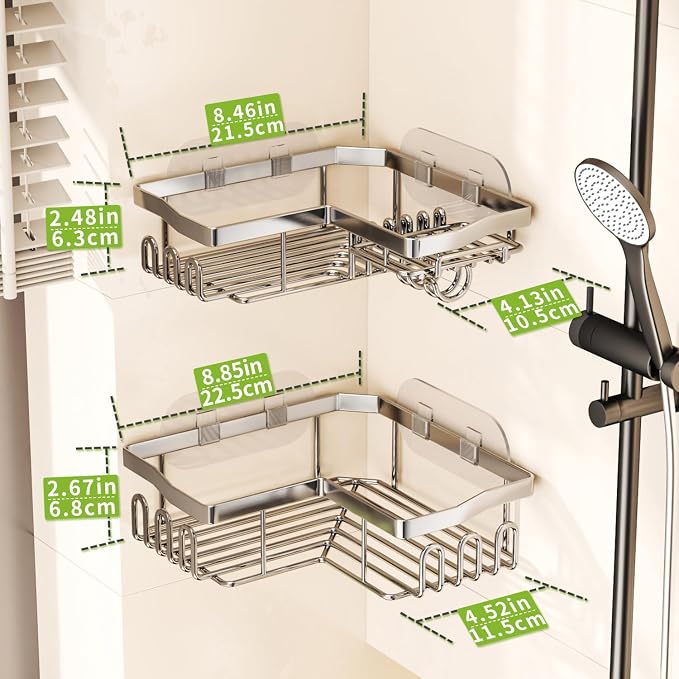 SWTYMIKI Shower Caddy Corner with Soap Holder, 2-Tier Stainless Steel Corner Shower Organizer with 11 Hooks, No Drilling & 6 Strong Adhesives Bathroom Shelf Organizer, Silver - 2 Tier - Image 2
