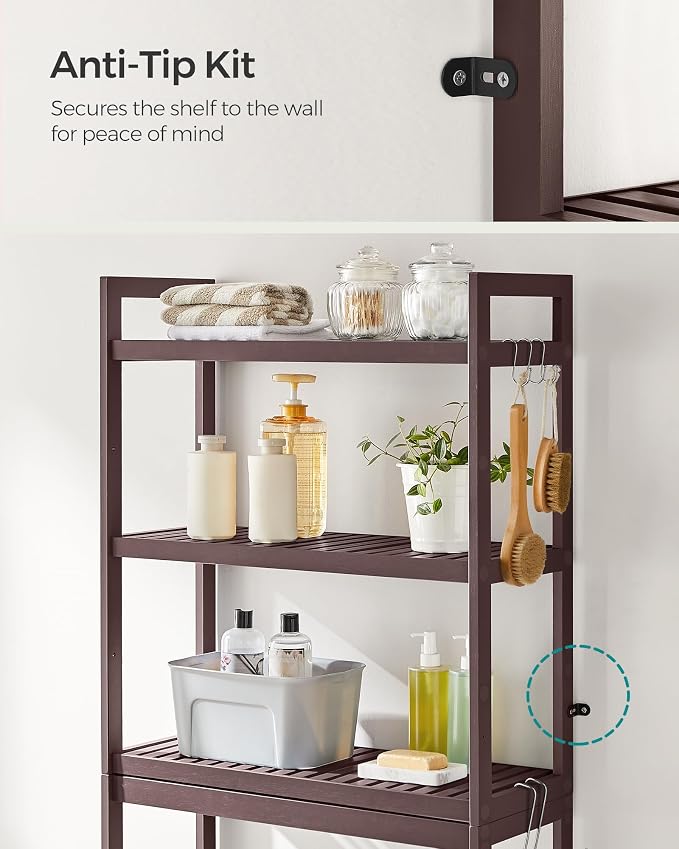 SONGMICS 3-Tier Bamboo Over The Toilet Storage, Adjustable Shelf, 66.9''H - Image 6