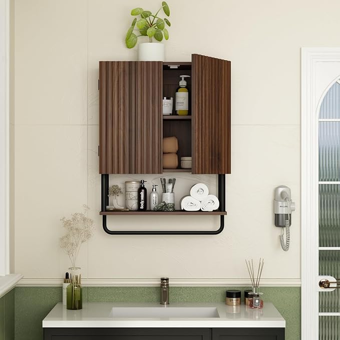 RUSTOWN Fluted Bathroom Wall Cabinet with 2 Doors, 3-Tier Medicine Cabinet - Image 8