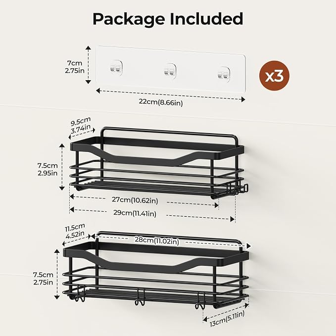 Orimade Shower Caddy Basket Shelf Storage Rack, No Drilling Wall Mounted Adhesive Rust Resistant Stainless Steel Shower Organizer with 5 Hooks for Bathroom, Black 2 Pack - Image 5