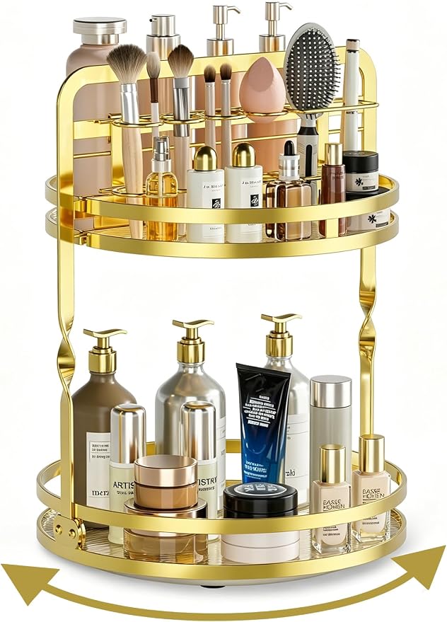 360°Rotating Makeup Organizer, Gold Bathroom Organizer Countertop by DUANFEE