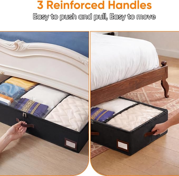 OIAHOMY 2 Pack 53L Under Bed Storage with Adjustable Dividers, 6" Low Profile Underbed Storage Bins for Comforters & Clothes, Save Closet Space with Clear View Lid & Reinforced Handles, Black - Image 5