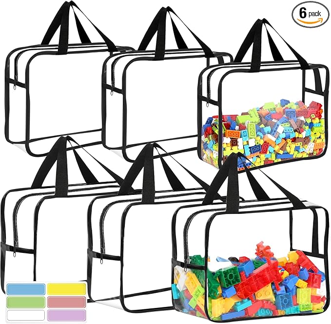6 Large Toy Storage Bags with Labels Reusable Clear Toy Organizer 3L & 3XL by OPELETNNT