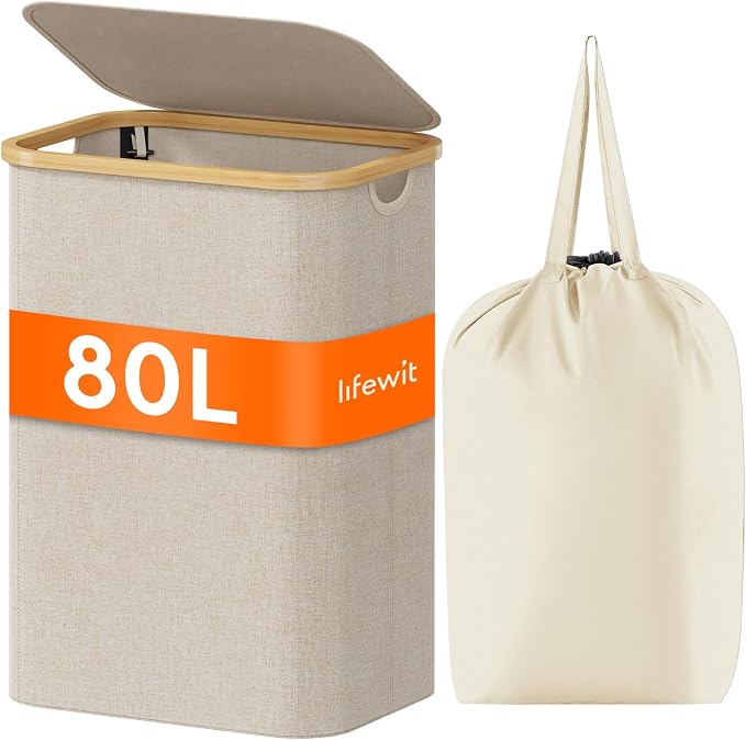 Lifewit 80L Large Laundry Basket with Lid, Removable Bags, Beige by Lifewit