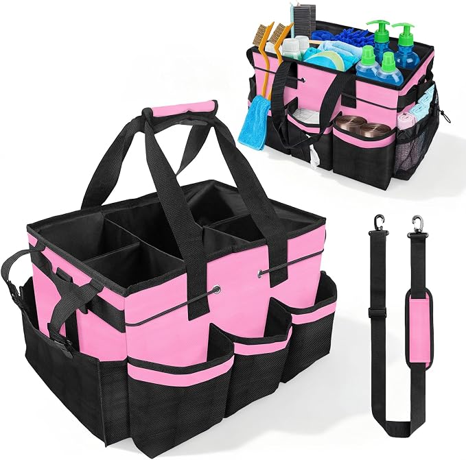 ALSLEA Cleaning Caddy Bag Heavy-Duty Organizer Tote for Housekeepers, Janitors & Home Cleaning Supplies with Adjustable Shoulder Strap & Multiple Pockets (Pink) by ALSLEA