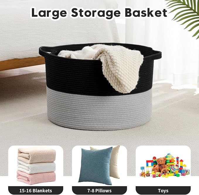 Foldable Laundry Hamper Basket with Collapsible Handle Cotton Rope Soft Woven Fabric Storage Organizer Clothes Toys Nursery Bedroom Dorm Space Saving Bin (Black & Grey, 115L(23.6"D x 15.7"H)) - Image 8