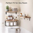 Amada Bathroom Shelves with Storage Basket, Set of 3, Natural Wood - Image 3