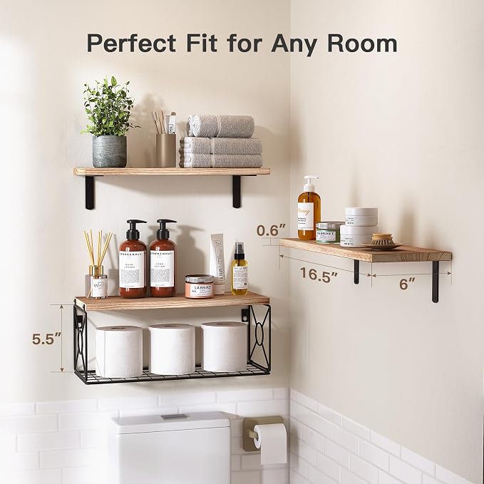 Amada Bathroom Shelves with Storage Basket, Set of 3, Natural Wood - Image 3