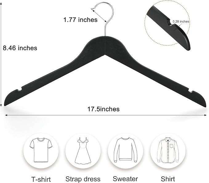 TOPIA HANGER Wooden Hangers 30 Pack, 0.28-inch Slim & Durable Clothes Hangers Space Saving, Black Wood Hanger with 360°Swivel Hook and Non-Slip Shoulder Notches for Coat,Shirts, Camisoles, CT51B - Image 2