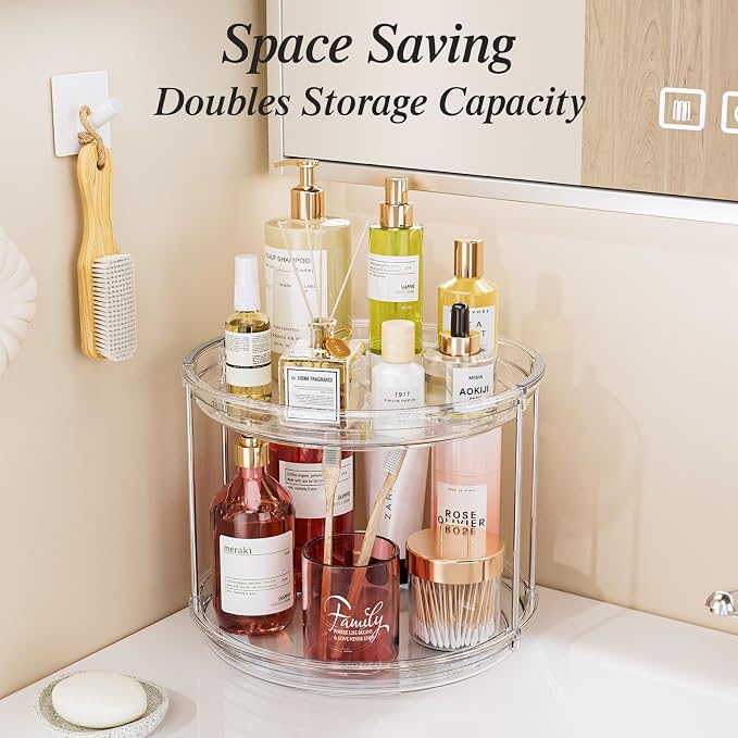 LAMU 2 Pack 2 Tier Lazy Susan Turntable Organizer 10.6'' Rotating Spice Rack Organization for Cabinet, Kitchen, Pantry, Countertop, Bathroom, Vanity, Medicine Cabinet Organizer, Clear - Image 6