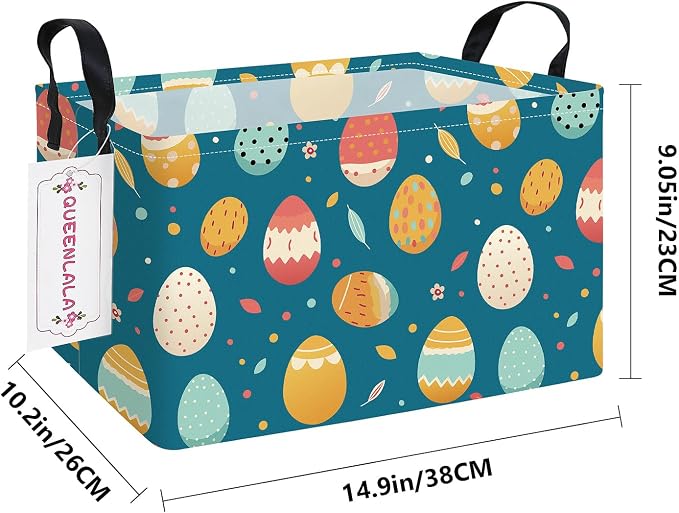 Rectangular Collapsible Laundry Basket with Side Handles, Blue Easter eggs - Image 2
