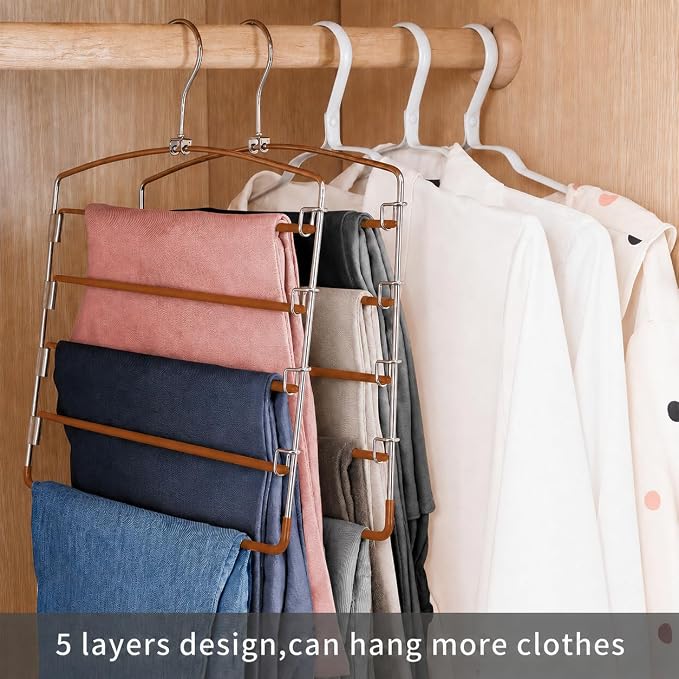 Pants Hangers Space Saving 3 Pack 5 Layer Swing Arm Hanger Brown - Image 2