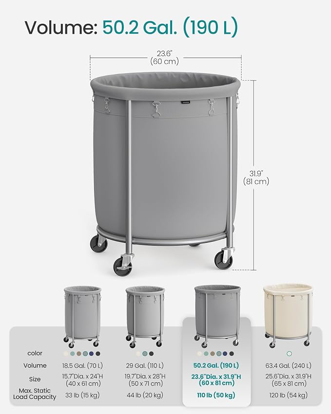 SONGMICS Laundry Basket with Wheels,190L, Steel Frame, Removable Bag - Image 7