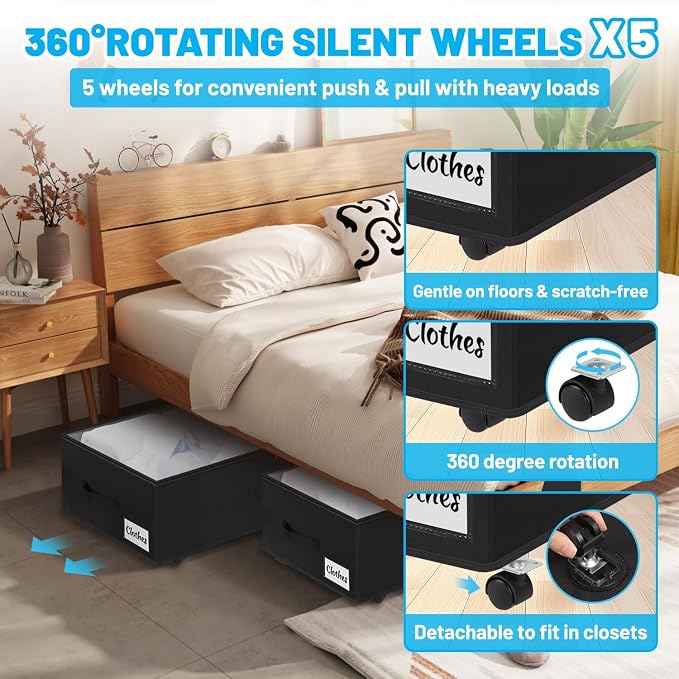 Under Bed Storage with Wheels, 2-Pack 10" Height XXL 75L Rolling Storage Bins, Quick Assembly Underbed Shoe Storage Containers with Clear Lid & Label, Dorm Under Bed Drawers for Clothes, Shoes, Grey - Image 4