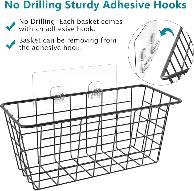MaraFansie Over the Cabinet Door Organizer Wall Wire Baskets Hanging Kitchen Basket Shelf for Cabinet & Pantry Organization and Kitchen, Bathroom, Bedroom Storage, with Adhesive, 4 Pack - Image 2
