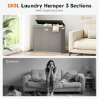 SOLEDI 180L 3-Section Laundry Hamper with Lid, Extra Large Dirty Clothes Basket with Sturdy Handles for Laundry Room & Bedroom - Durable Organizer for Sorting Laundry - Image 7