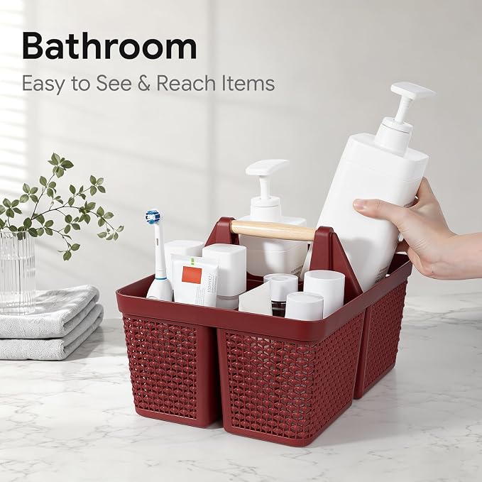 UUJOLY Portable Plastic Shower Caddy Basket with Wooden Handle, Red - Image 4