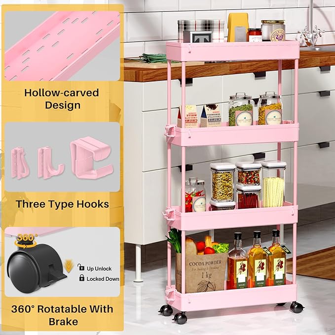 SPACEKEEPER Slim Rolling Storage Cart, 4 Tier Bathroom Cart Organizer, Pink - Image 7
