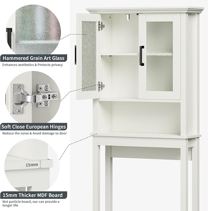 Over The Toilet Storage Cabinet, Over Toilet Bathroom Organizer with Doors and Adjustable Shelf, Thicken Frame Above Toilet Storage Cabinet Behind Toilet Bathroom Organizer, Cream White - Image 5