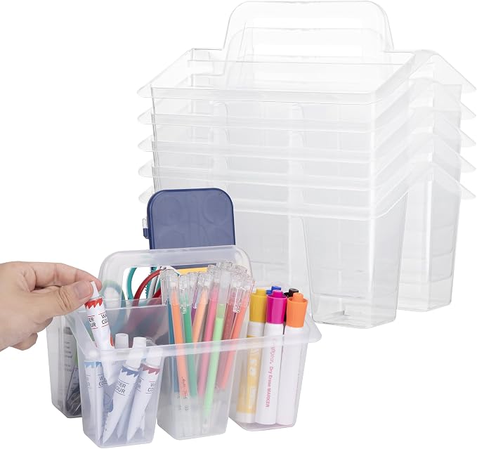 Plastic Caddy With Handle,Protable Classroom Craft Caddy, 6-pack Storage Caddy For Pencil,Pen,Craft Tools (Clear) - Image 7