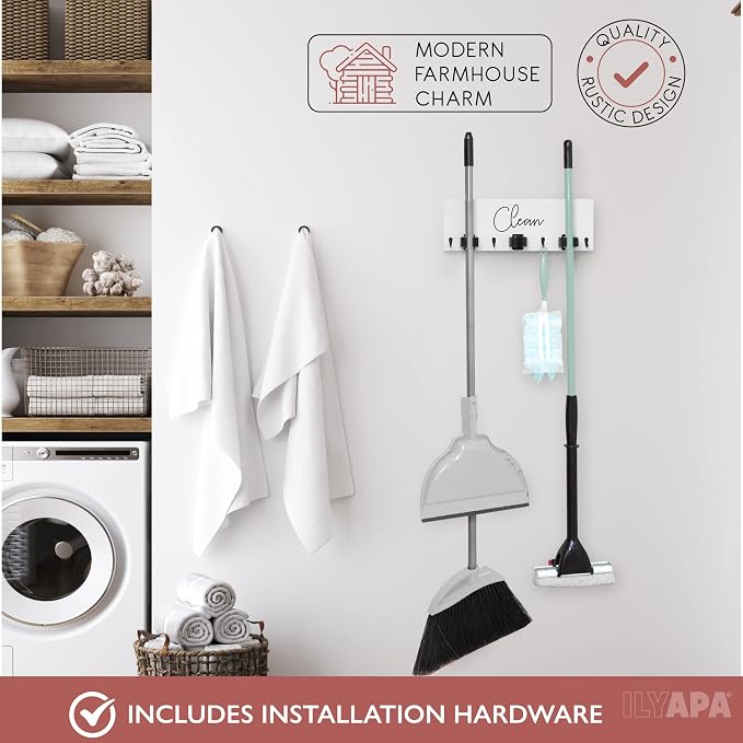 Ilyapa Wall Mount Broom Holder, White Wooden Mop Storage - Image 5