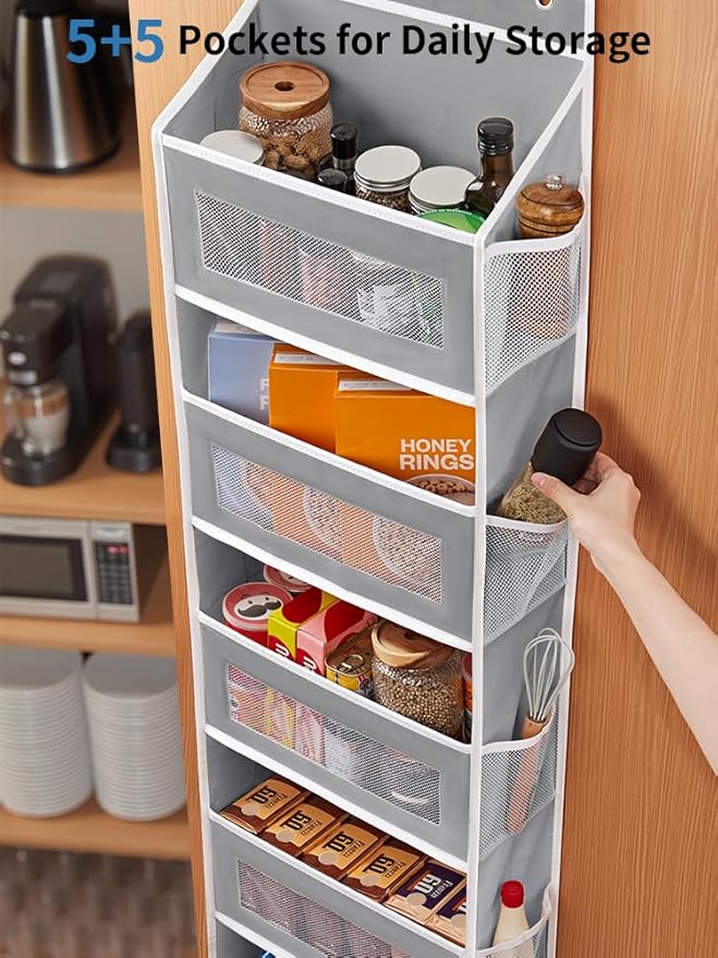JARLINK Over the Door Organizer for Bedroom, Pantry, Bathroom, 5 Shelf Grey | Anti-Tilt Design, 44 lb Load Capacity, Hanging Door Organizer with 5 Large Capacity Pockets, Behind Door Storage for Nursery - Image 5