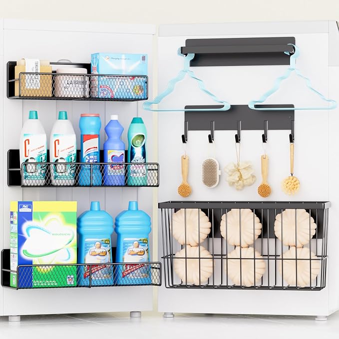 6 Pack Magnetic Shelves for Washing Machine, Magnetic Spice Rack Organizer for Refrigerator, Magnetic Shelf with Hanger Organizer, Metal Magnetic Basket, Laundry Organization and Storage, Black by DTUQYX