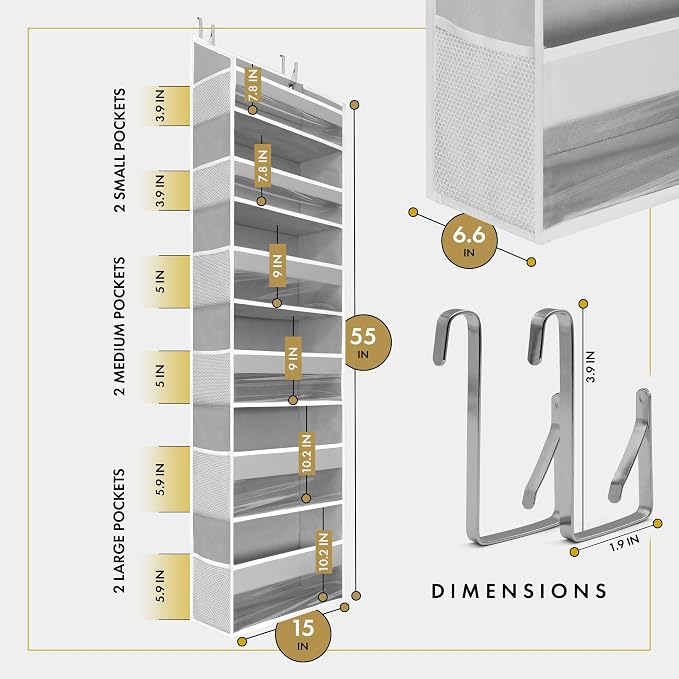 HOMELUX THEORY Over the Door Organizer, 6-Tier, 100D Fabric Transparent 2pc | Over the door shoe organizer, 50 lbs capacity, 12 side mesh pockets, 100D extra thick fabric, Closet & entryway storage - Image 3