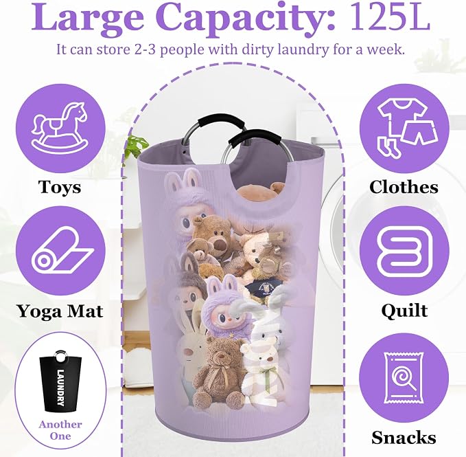 2Pack 125L Laundry Hamper, Oxford Clothes Basket with Padded Handle - Image 2