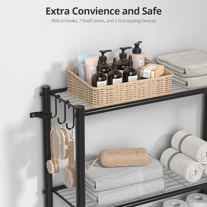 Hodonas Over The Toilet Storage Shelf - Bathroom Organizer Rack with 7-Tier Shelves, Adjustable Metal Shelf Above Toilet for Storage, Freestanding Bathroom Space Saver, Black - Image 5