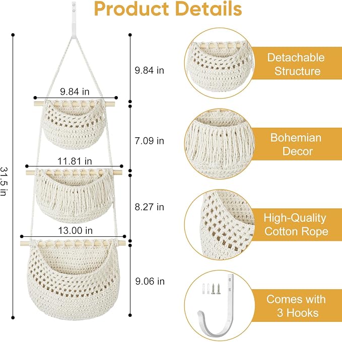 Macrame 3-Tier Hanging Wall Basket, Handwoven Jute Storage Organizer, Boho Decor for Kitchen, Bathroom, Living Room, Natural Cotton Rope Fruit Holder (Dark Gray) - Image 2