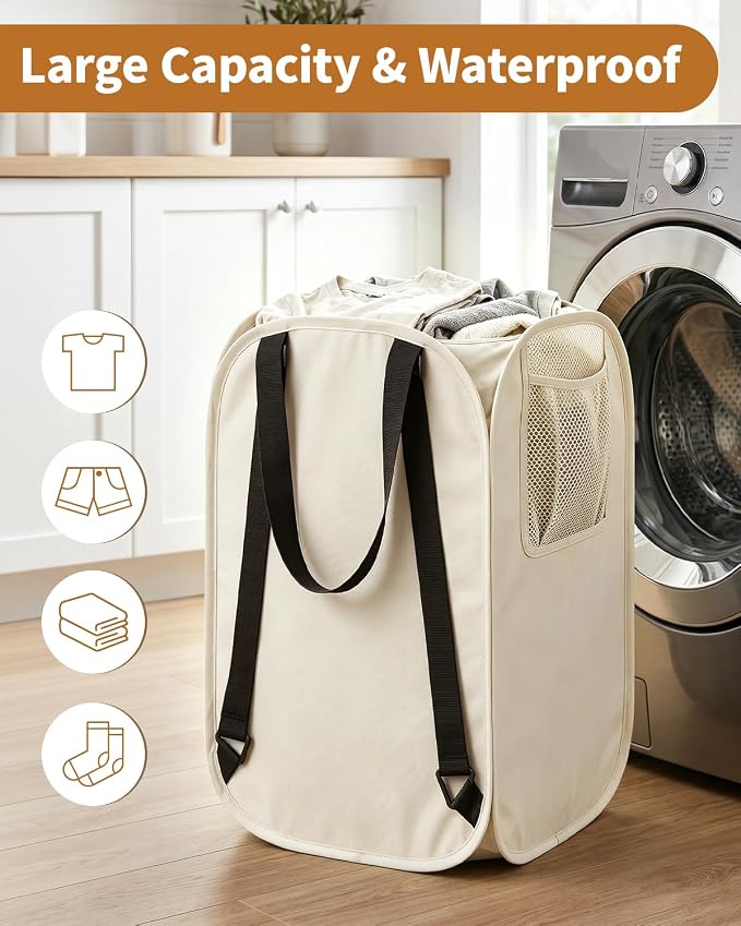 House Again 76L Laundry Backpack, 210D Oxford Heavy Duty Laundry Bag Backpack with Adjustable Shoulder Straps,Foldable Laundry Bag for College Dorm and Travel, Beige - Image 7