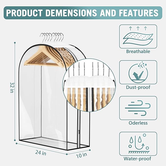 Liuoud Clear Garment Bags for Hanging Clothes 10” Gusseted, 4 Pack, 32” | Suit Bags for Closet Storage with Large Metal Zipper, Breathable odorless Hanging Plastic Clothes Cover for Coat Dress Fur - Image 4