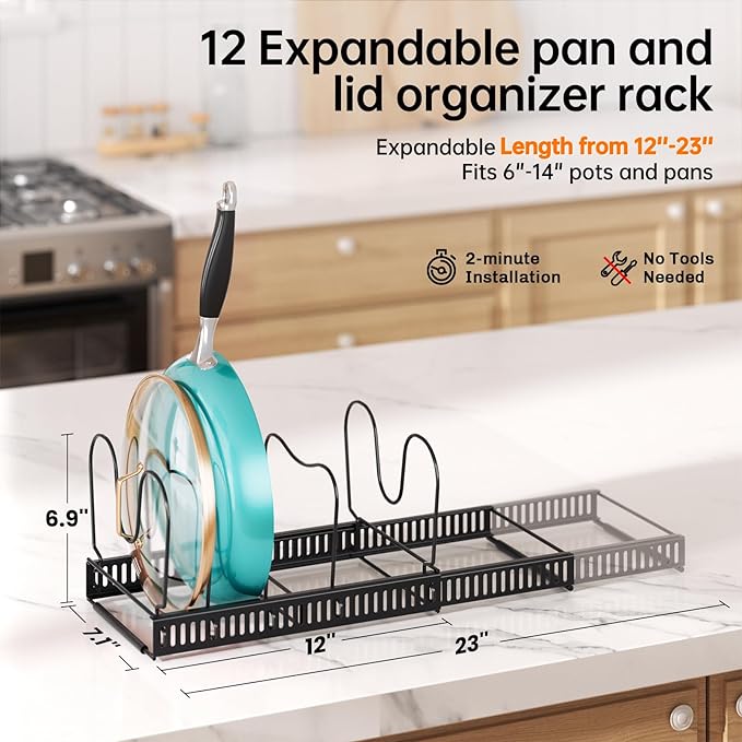 MUDEELA Expandable Pot Pan Lid Organizers inside Cabinet, 12 Divider-Black - Image 2