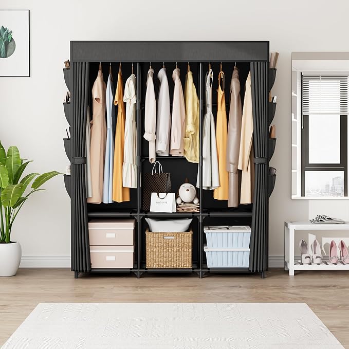 Wardrobe Closet Portable Closets for Hanging Clothes Large Capacity Clothes Rack with Cover, 3 Hanging Rods, 6 Shelves and 8 Pockets, Strong and Stable Free Standing Closet for Bedroom, Black - Image 2