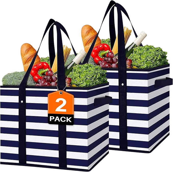 Reusable Grocery Bags 2 Pack, Foldable & Water Resistant Shopping Bags by WiseLife