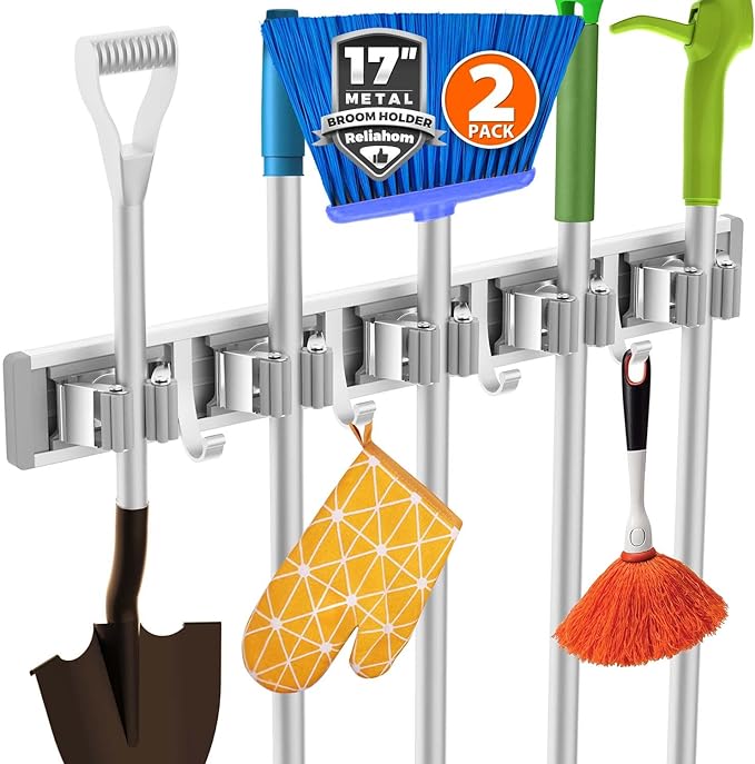reliahom Broom Holder Wall Mount Mop Hanger Tools organizer 5Racks4Hooks,2P by reliahom