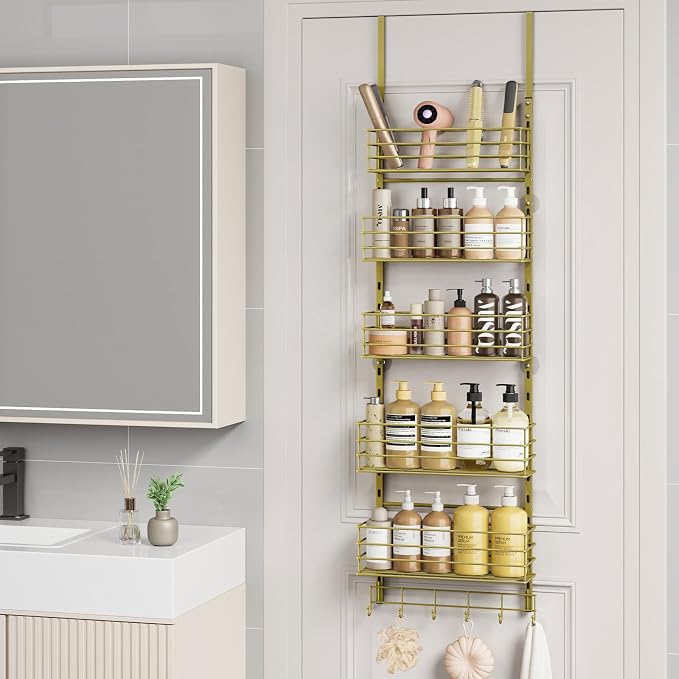 SWTYMIKI Over The Door Organizer - Door Organizer Hanging with 5 Adjustable Metal Large Capacity Basket and 6 Coat Hook, Wall Mounted Shelf for Bedroom Closet Bathroom Laundry Pantry Cabinet Kitchen - Image 8