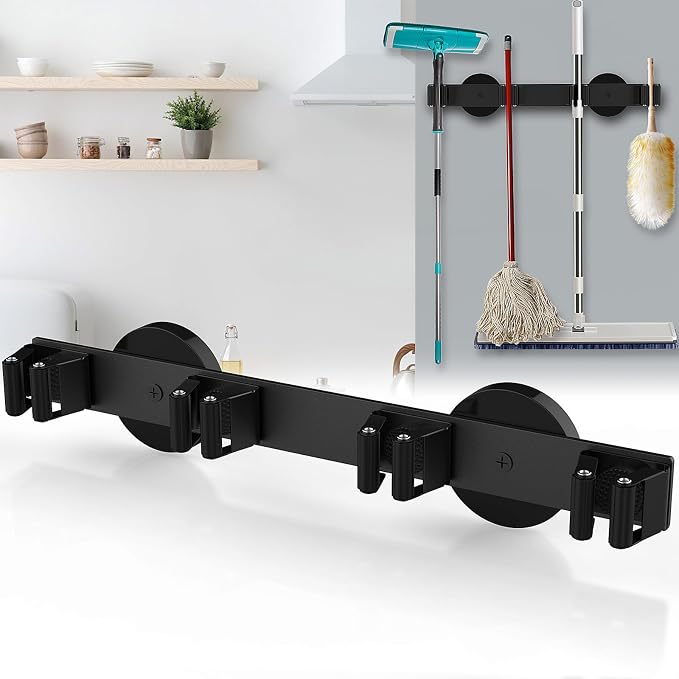 Magnetic Mop Broom Holder, Strong Non Slip Magnetic Broom Mop Hanger, Heavy Duty Magnetic Hooks for Hanging Shovel Rake Tools, Wall Mounted Utility Storage Magnet Rack 4 Rack by AIYOTAR