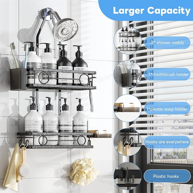 Adjustable Shower Caddy Hanging Rustproof Large-Capacity Bathroom Organizer Shower Racks with Hooks for Razor Bathroom Organizers and Storage - Image 3