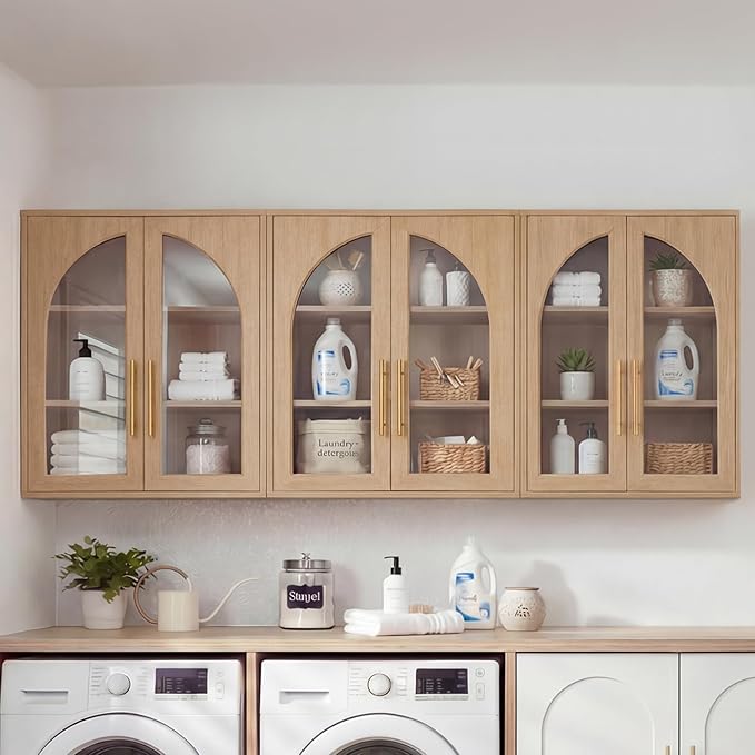 Bathroom Wall Cabinet, 23.5×31.4'' Storage Cabinet, Arched Cabinet Wall Mount with Adjustable Shelf & Glass Doors, Medicine Cabinet for Laundry Room, Bathroom, Kitchen, Living Room,Natural,3PCS by NOWABAY