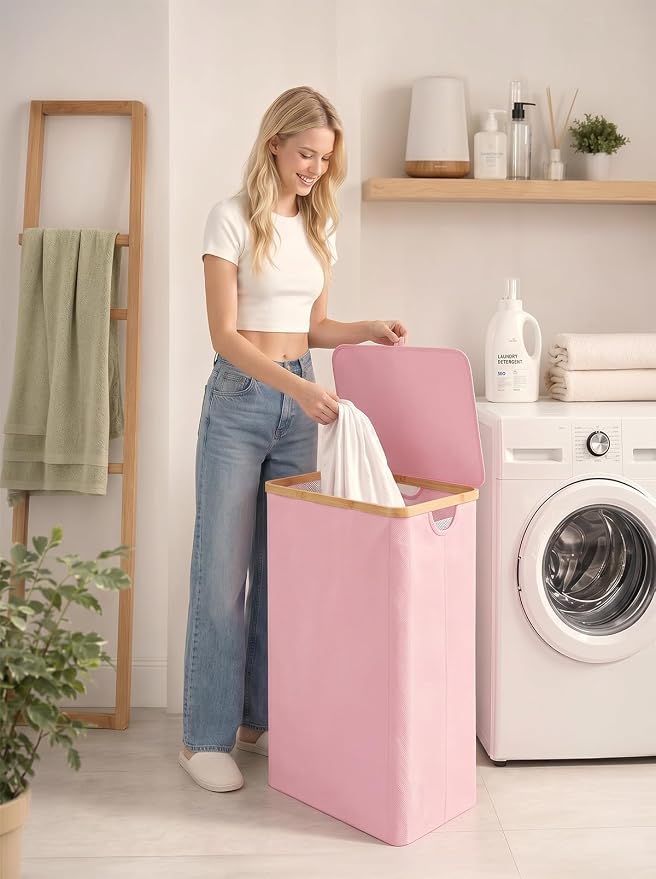 IEGrow Laundry Hamper with Lid,110L Laundry Basket with Mesh Bags,Pink - Image 7
