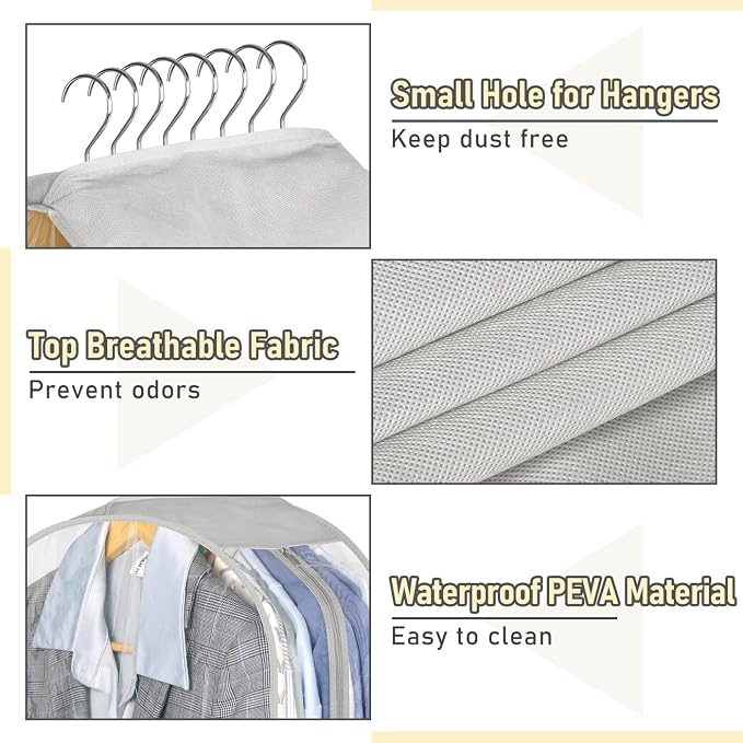 MISSLO 10" Gusseted Garment Bags for Hanging Clothes 32" Suit Bags for Closet Storage Clothing Covers for Shirts, Coats, 3 Packs, Grey - Image 6