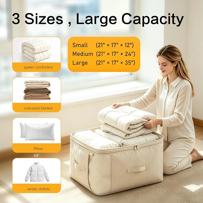 Comforter Storage Bag, Large Capacity Blanket Storage Bags 2-Layer Ultra Space Saving Self Compression Organizer, Heavy Duty Space Saver Organizer for Bedding, Clothes, Blanket, 6-Pack, Beige - Image 5