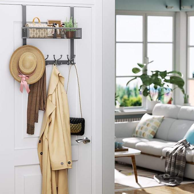 Consumest Over The Door Hooks Organizer - 2 Tier Over Door Hanger with 16 Hooks & 2 Baskets for Hanging Coat, Clothing, Towel, Back Storage for Bathroom, Closet, College Dorm, Grey - Image 2