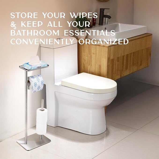 Day Moon™ - Toilet Paper Holder - Modern Roll Holder for Bathroom - 1 Pack - Free Standing - with Shelf, Brushed Nickel - Image 7