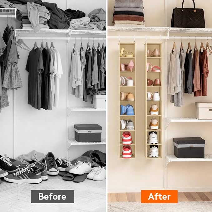 Lifewit 8 Section Hanging Shoe Storage Organizer for Closet Foldable, Beige | Folding Shoe Racks, Fabric Shoes Storage with Two Hangers, Closet Organizers and Storage for Wardrode, Dorm - Image 7
