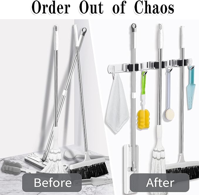 2 Pack Broom Holder Wall Mount, 3 Racks 4 Hooks Mop and Broom Organizer - Image 6